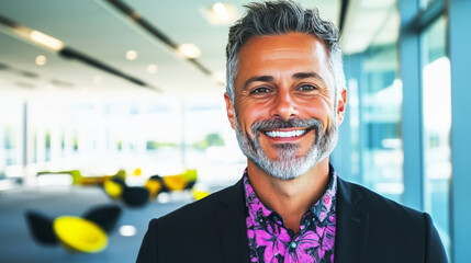 Poster - Smiling businessman with grey hair wearing a suit and a floral shirt in an office setting.