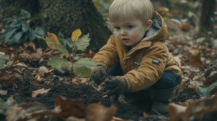 Wall Mural - Young Boy Planting a Sapling in the Forest