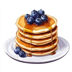 Wall Mural - Delicious fluffy pancakes piled high with fresh blueberries. A drizzle of golden syrup adds sweetness and warmth. Perfect for breakfast or brunch lovers. AI