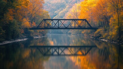 Poster - Steel Bridge Spanning River in Autumn Forest