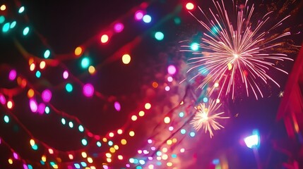 Sticker - Blurry Fireworks Display with Colorful String Lights