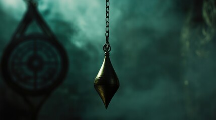 photo of a close-up of a pendulum swinging, dark moody lighting with mist and mysterious symbols in the background, creating an esoteric and magical ambiance