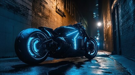 Wall Mural - Futuristic Motorcycle with Glowing Blue Lights in a City Alleyway