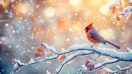 Canvas Print - A Red Cardinal Perched on a Snow-Covered Branch in a Wintery Landscape