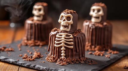 Halloween themed chocolate cakes designed as monsters and skeletons for children on a dark wood backdrop with a selective focus on the front skeleton