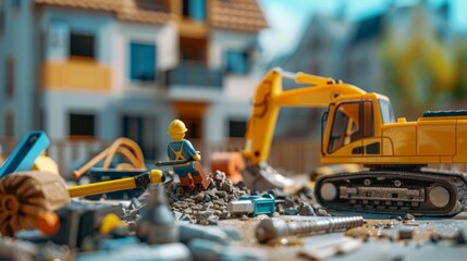 Aufkleber - A construction crew is actively repairing a site using various tools and machinery in a residential neighborhood on a sunny day. Generative AI