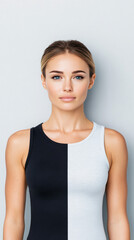 Wall Mural - Young woman wearing a black and white tank top, looking straight at the camera.