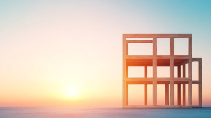 Canvas Print - A wooden frame structure stands against a soft sunset sky, symbolizing the potential for growth and new beginnings.