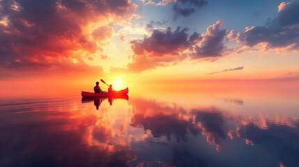 Poster - Two People Kayaking at Sunset with a Colorful Sky Reflected in the Water