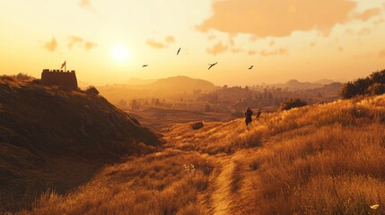 Poster - A lone figure walking on a path towards a distant fortress at sunset