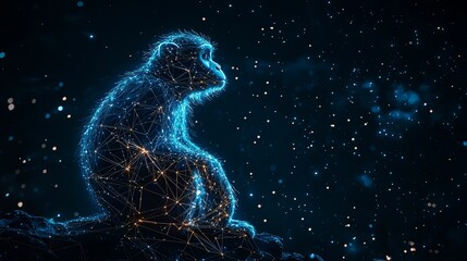 An ethereal silhouette of a primate adorned with luminous blue nodes, artistic representation of enlightenment and contemplation amidst a starry universe backdrop.