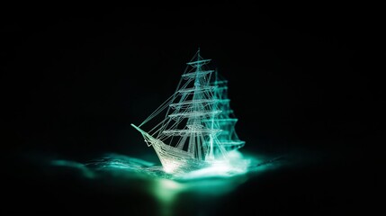 Poster - Holographic ship glowing in the dark, representing the fusion of technology, maritime themes, and futuristic digital art, Generative Ai