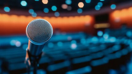 Microphone in concert hall or conference room soft and blur style for background.