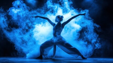 Poster - Woman in White Dress Posing in Blue Smoke