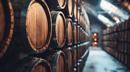 Wall Mural - Rows of wooden barrels create a warm, rustic atmosphere, capturing the essence of a wine cellar or aging facility.