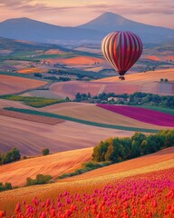 Poster - Hot Air Balloon Soaring Over Rolling Hills at Sunset