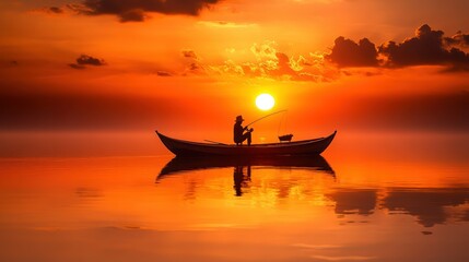 Poster - A lone fisherman in a boat on a lake at sunset