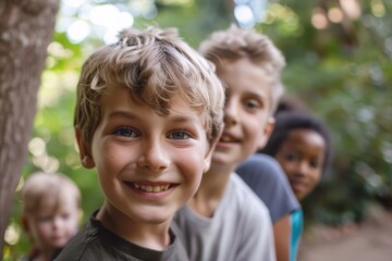 Poster - Portrait of smiling boy with group of friends in the background.