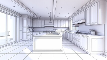 Poster - Sketch of a kitchen with a window view, illustrating interior design and architectural elements in a home environment, Generative Ai
