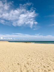 Wall Mural - golden sunny sand beach with turquoise sea and white waves on a summer day with blue sky and fluffy clouds