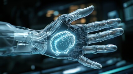 Poster - Transparent Robotic Hand Holding a Glowing Brain