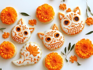 Decorative cookies in the shape of catrinas and marigold flowers on a white background