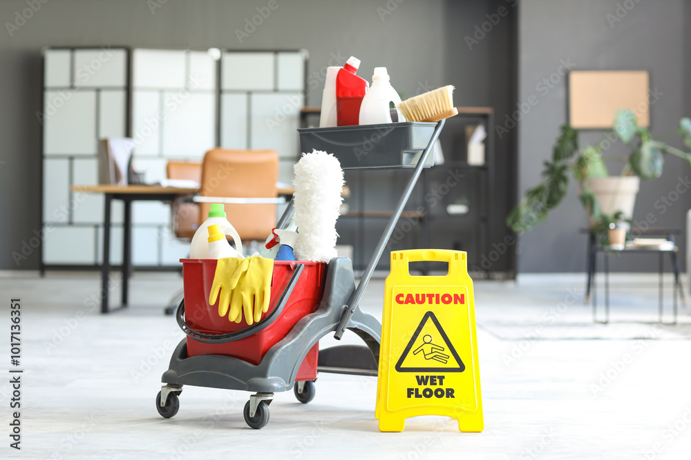 Trolley with cleaning supplies and caution sign in office