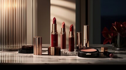 A stylish arrangement of lipsticks and blush sits on a marble countertop, illuminated by soft lighting, highlighting elegance and beauty in cosmetics.