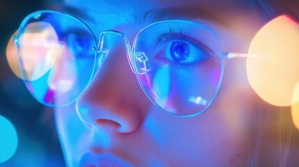 Sticker - Close-up of a Woman's Eye with Glasses and Bokeh Lights