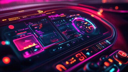 Futuristic Car Dashboard with Neon Lights and Digital Displays