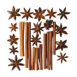 © Thanawin - Aromatic arrangement of star anise and cinnamon sticks on a white background, highlighting the warm spices' rustic beauty and fragrant allure.