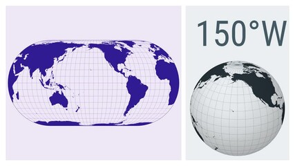 Poster - World Map Animation. Eckert IV projection. Solid color style. Animated world map in Eckert 4 projection. Loopable animation showing longitude shift and matching globe.