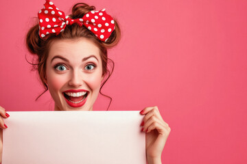 A woman with a red bow in her hair is holding a white sign. She is smiling and she is happy