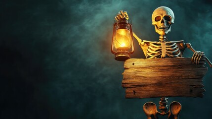 Wall Mural - skeleton holding lantern on wooden banner in spooky night