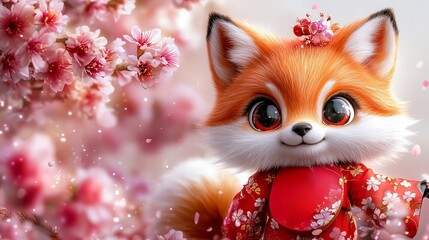 A cute cartoon fox in a red kimono smiles against a backdrop of pink cherry blossoms.