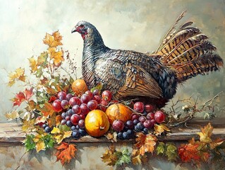 Poster - Pheasant Still Life with Grapes and Autumn Leaves - A Masterpiece of Nature's Beauty