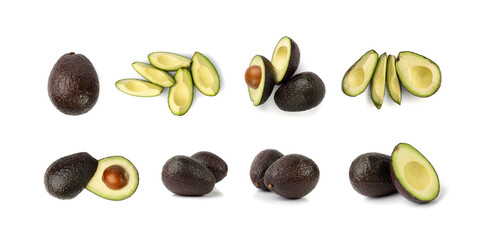 Wall Mural - Hass Avocado Half Isolated, Whole Sharwil Set, Brown Avocados Cut, Fresh Alligator Pear, Persea Americana