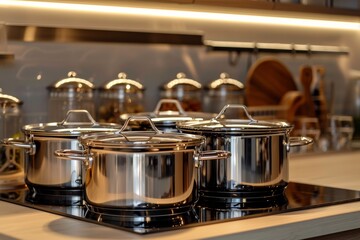 Aufkleber - Stainless steel pots sit on a stovetop, reflecting light while organized containers adorn the kitchen shelves nearby. Generative AI