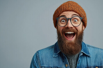 A man with a beard and glasses is smiling and wearing a blue jacket. He has a big grin on his face and is looking at the camera