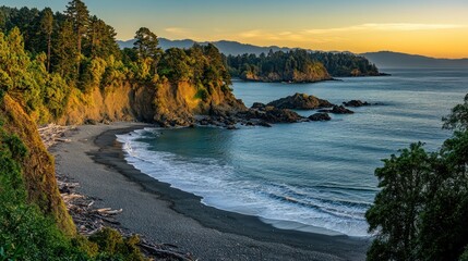 Poster - Coastal Sunset Landscape with Black Sand Beach and Rocky Outcroppings