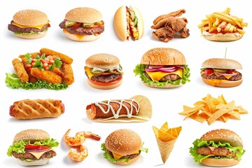Poster - A variety of fast food options displayed, featuring burgers, fries, chicken, shrimp, and tacos, appealing to diverse tastes and cravings. Generative AI