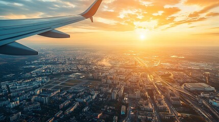 A breathtaking sunset view from an airplane wing, overlooking a vast city skyline illuminated by warm golden hues.