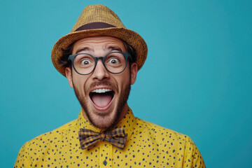 A man wearing glasses and a yellow shirt with a bow tie is smiling and looking surprised. Concept of happiness and excitement