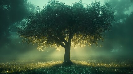 Sticker - Enchanted Forest: A Single Tree Bathed in Golden Light