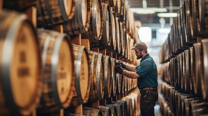 Wall Mural - A worker inspects barrels in a winery, surrounded by rows of wooden casks in a well-lit warehouse setting.