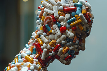 Poster - a person with their body composed of medication capsules, representing the reliance on medicine to m