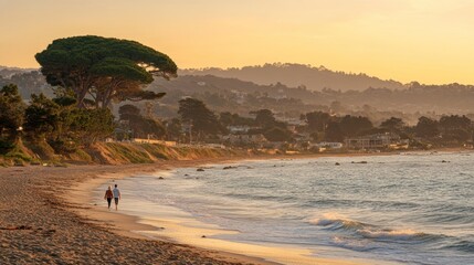 Poster - Couple Walking on Sandy Beach at Sunset with Distant Hills and Ocean