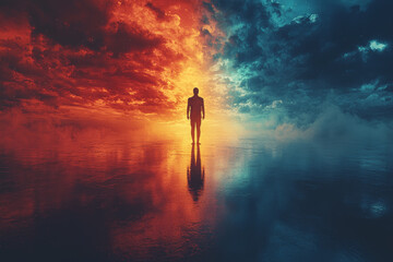 Poster - a person meeting their alternate self from a different timeline, representing the idea of parallel l
