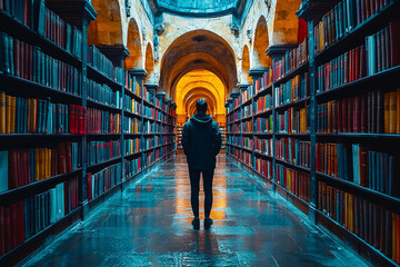 Poster - a person in a library where each book represents a different universe, symbolizing the vastness of t