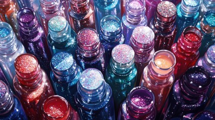 A vibrant collection of nail polishes in shades of lavender, teal, and coral